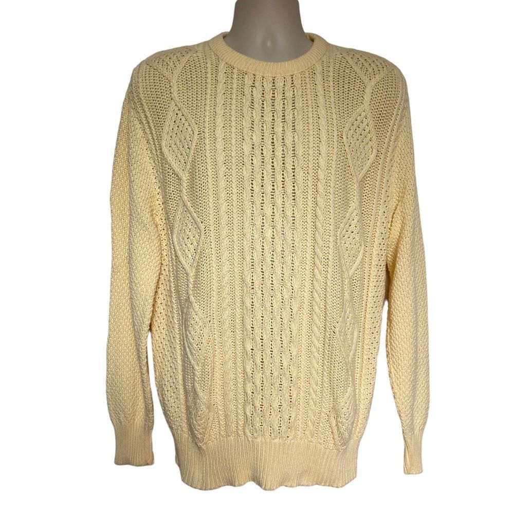 Vintage Lord Jeff Butter Yellow Cotton Cable Knit Fisherman’s Sweater USA Sz L